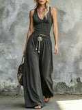 Crinkled Cotton-linen Vest + Drawstring Wide-leg Pants Set