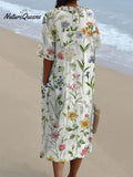 Women's Vintage Lovely Floral Art Print Casual Pocket Linen Dress(Convertible Dress With Front And Back Option)