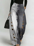 Women's Retro Art Print Casual Stylish Hollow Denim Pants
