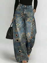 Women's Retro Floral Art Print Casual Stylish Hollow Denim Pants