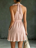 Women's Pockets And Lace-up Lace Trim Detail Casual Halter Dress