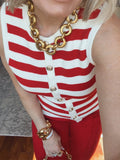 Casual & Cozy Two-piece Set: Sleeveless Striped Knit Top And Red Trousers