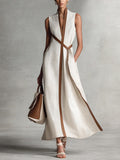 Women’s Stand-Up Collar Sleeveless Casual Loose Cotton and Linen Dress