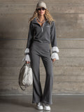 Sporty Retro Lace Embroidery Dark Gray Cotton Blend Long-Sleeve Sweatshirt And Flared Pants Set