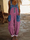 Women's Sleeveless Leopard Print Casual Loose Denim-paneled Wide-leg Jumpsuit