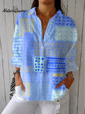 Women'sVintage Abstract Geometry Art Print Casual Linen V-neck Shirt