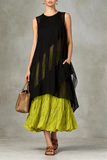 Stylish Casual Linen And Cotton Two-piece Set: Black Long Top And Light Green Skirt