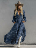 Retro V-neck Fitted Waist Star Denim Maxi Dress