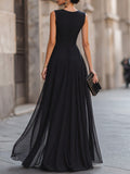 Women's Solid-color Round-neck Sleeveless Casual Loose A-line Dress With Chiffon Paneling