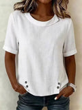 Women's Round Neck Button-front Casual Style Short-sleeve Cotton-linen Top