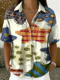 Women's Vintage Color-Block Star Art Print Cotton-Linen Short-Sleeve Shirt