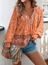 Women's Chic Floral Lantern Sleeves And Tie Detail Print Blouse
