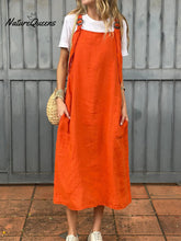 Women's Adjustable Shoulder Strap Pocket Cotton and Linen Dress