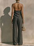 Dark Gray Textured Cotton-linen Halter Cross Draped Top & High-waist Wide-leg Pants Set