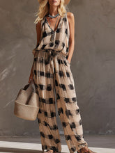 Women's Plaid-print V-neck Sleeveless Casual Loose Cotton-linen Top & Elastic-waist Wide-leg Pants Set