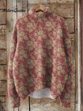 Vintage Style Floral Pattern Printed Knit Turtleneck Pullover Sweater