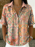 Bohemian Ethnic Totem Print Short-sleeve Collared Shirt With Half-button Placket