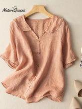 Cotton And Linen Retro Short Sleeved Navy Doll Collar Thin Shirt