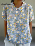 Women'sRetroFlower Art Print Casual Cotton And Linen Shirt