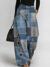 Women's Retro Patchwork Art Print Casual & Stylish Distressed Jeans