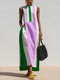 Women's Geometric Print Boat-neck Sleeveless Casual Loose Cotton-linen Dress