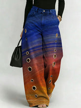 Women's Retro Gradient Pattern Printed Stylish Cutout Casual Denim Jeans