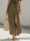 Olive Green Cold Shoulder Tie-front Linen Cotton Maxi Dress