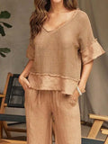 Women's Solid Color Art Stylish Casual Top And Pants Cotton Linen Two-Piece Set