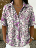 Women's Vintage Botanical Floral Casual Polo Collar Short-sleeved Linen And Cotton Shirt