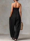 Women's Solid Color Strapless Casual Loose Cotton And Linen Jumpsuit