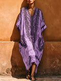 Women's Casual Loose Cotton-linen Dress With Placement Print V-neck And 3/4 Sleeves