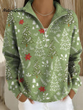 Women's Christmas Tree Art Print Casual Long Sleeve Zip Sweatshirt