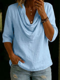 Women's Solid-color Swing-neck Casual Cotton-linen Shirt Top