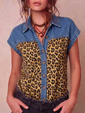 Women's Short-sleeve Casual Top: Loose-fit Denim-paneled Shirt With Leopard Print