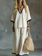 Women's Solid-color V-neck 1/2 Sleeve Cotton-linen Top And Pants Set