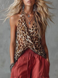 Women's Leopard Print V-neck Sleeveless Casual Loose Chiffon Top