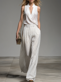 Stylish And Casual V-neck Sleeveless Top And Polka Dot Printed Trousers Chiffon Set