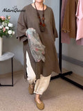 Women's Solid Color Round Neck 3/4 Sleeves Casual Linen Slit Long Top