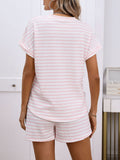 Women's Striped Set: Crew Neck Short-sleeve Pullover & Drawstring Shorts