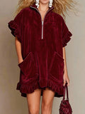 Women's Double Pockets Zipper Ruffle Sleeves Short-sleeve A-line Dress