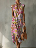 Elegant Colorful Floral Decorative Pattern Women's No Sleeve Bud Collar Linen Cotton Dress