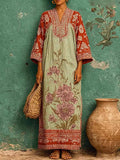Women's Vintage-print V-neck Long-sleeve Casual Loose Cotton-linen Dress