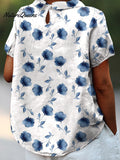 Women's Small Blue Ink Flowers Print Casual Cotton And Linen Shirt