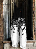 Vintage Japanese Art Octopus Legs Print Casual Linen Blend Loose Jumpsuit