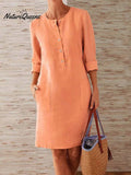 Spring Cotton And Linen Round Neck Long Sleeve Dress