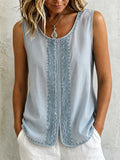 Cotton-linen Sleeveless Vest With Front Embroidery And U-neck