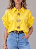 Women's Solid-color Short-sleeve Casual Loose Cotton Cardigan With Shirt Collar