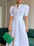 Women's Solid Color Art Casual Elegant Short Sleeve With Belt Long Dress