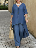 Casual Denim Button Details Top And Wide-leg Pants Two-piece Set