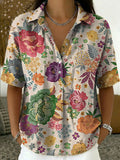 Women's Vintage Botanical Floral Casual Polo Collar Short-sleeved Linen And Cotton Shirt